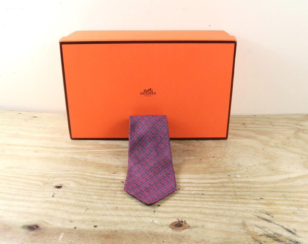 Hermes Tie Mens Silk Red Blue Chain Link Geometric Print France No Box